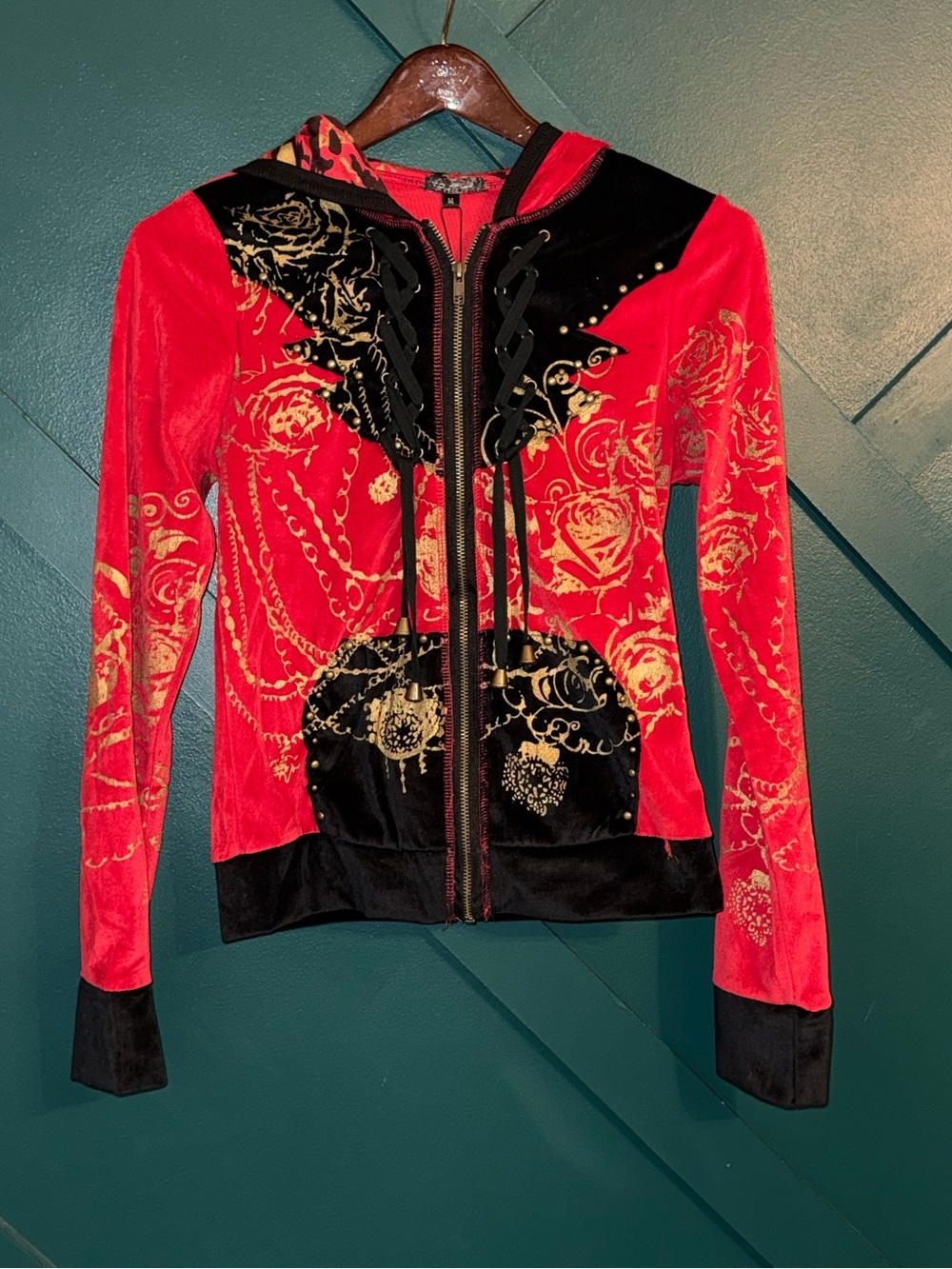Y2K Craft Red and Black Velvet Zip Hoodie with Gold Floral Print Emo McBling